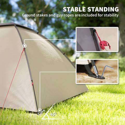 Image of 2 Person Camping Tent, Waterproof Family Dome Tent with Bedroom, Porch, Sewn-in Groundsheet and Hook, Khaki