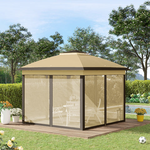 Image of 11' x 11' Pop Up Gazebo, Double Roof Foldable Height Adjustable Canopy Tent with Mesh Sidewalls, Carrying Bag, Beige