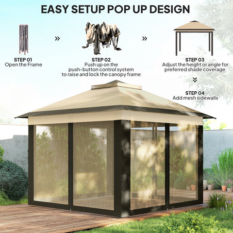 Image of 11' x 11' Pop Up Gazebo, Double Roof Foldable Height Adjustable Canopy Tent with Mesh Sidewalls, Carrying Bag, Beige