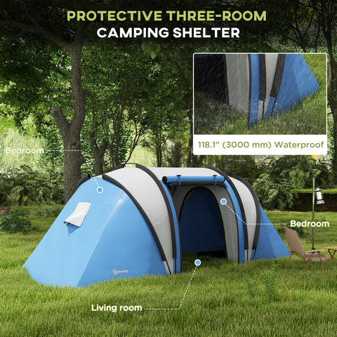 Image of Camping Tent with 2 Bedrooms and Living Area, 3000mm Waterproof Family Tent, for Fishing Hiking Festival, Blue