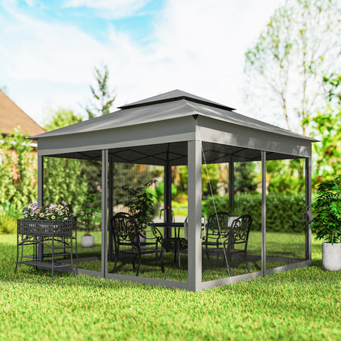 Image of 11' x 11' Pop Up Canopy 2-Tier Soft Top Shelter Event Tent w/ Netting Carry Bag for Patio Backyard Garden, Dark Grey