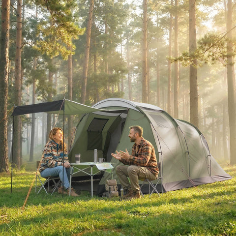 Image of Camping Tent Waterproof Camping Tent with Two Room for 3-4 Person Waterproof, Green