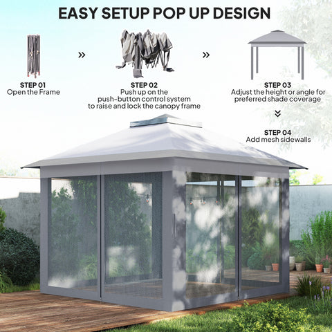 Image of 11' x 11' Pop Up Gazebo, Double Roof Foldable Height Adjustable Canopy Tent with Mesh Sidewalls, Carrying Bag, Grey