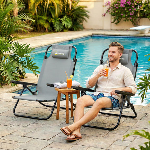 Image of Set of 2 Beach Chair 5-Position Adjustable Folding Camping Chair with Headrest Armrests Light Grey