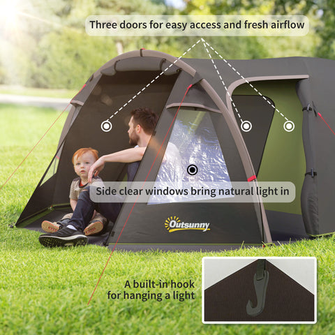 Image of 2-4 Man Camping Tent, 3000mm Waterproof Tunnel Tent with 2 Rooms, Sewn-in Groundsheet, 3 Doors and Hook