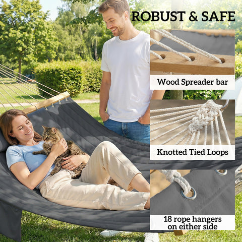 Image of Outdoor Hammock Padded Camping Hammock with Pillow & Spreader Bars 200 x 140 cm Grey