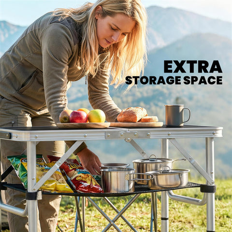 Image of 2ft Folding Camping Table, Picnic Table with Mesh Storage Layer, 4 Adjustable Heights and Carrying Handle, Black