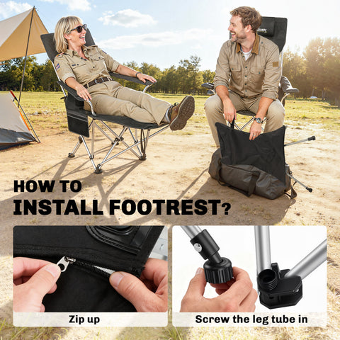 Image of Set of 2 Reclining Camping Chair with Foot Rest, Folding Camping Chair w/ Headrest, Cup Holder, Storage Bag, Black