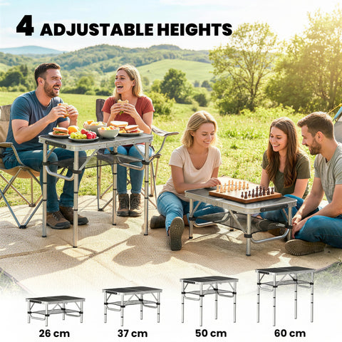 Image of 2ft Folding Camping Table, Picnic Table with Mesh Storage Layer, 4 Adjustable Heights and Carrying Handle, Black