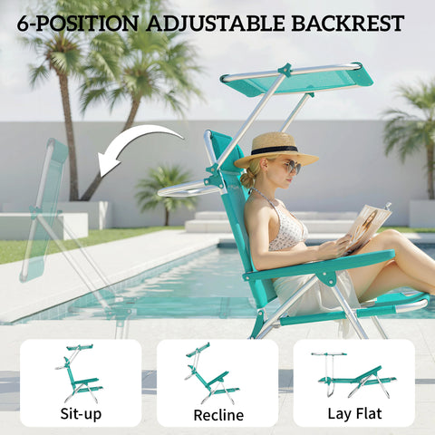 Image of 2 Piece Folding Beach Chairs with Adjustable Canopy, 6-Position Reclining Lounge Chair with Headrest, Turquoise