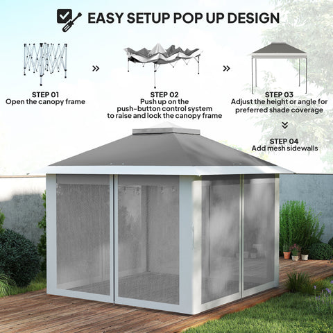 Image of 11' x 11' Pop Up Gazebo, Double Roof Foldable Height Adjustable Canopy Tent with Mesh Sidewalls, Carrying Bag, Dark Grey