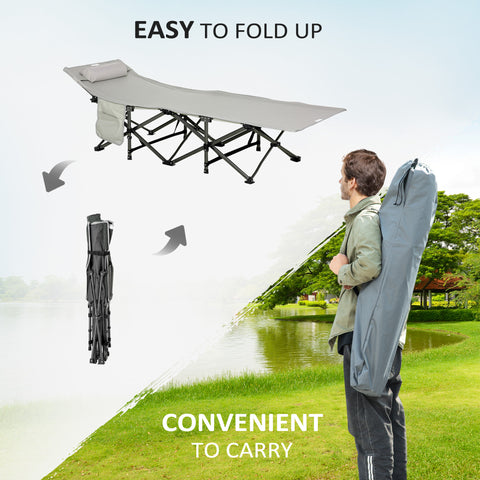 Image of Folding Camping Cot with Mat & Pillow, Double Layer Oxford Heavy Duty Sleeping Cot with Carry Bag Light Grey