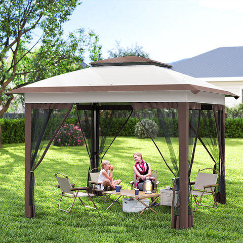 Image of 12' x 12' Pop Up Canopy Sun Shade Instant Tent Folding with Mesh Sidewalls, Beige and Dark Brown