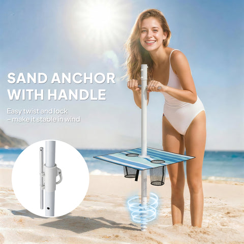 Image of 6 ft Portable Beach Umbrella with Foldable Table, Tilting Outdoor Sun Shade with Sand Anchor, Sandbag, Dark Blue
