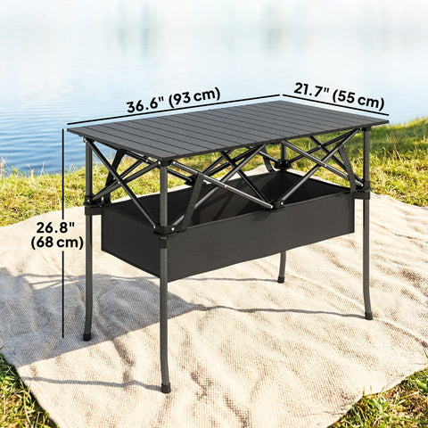 Image of 3ft Folding Camping Table, Picnic Table with Mesh Storage Net, Carrying Bag and Metal Frame, Black