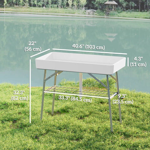 Image of 3.4ft Folding Ice Cooler Table with Drain, Outdoor Patio Party Cooler for Drinks, Fishing Cleaning Table with Storage Shelf for Picnic BBQ Camping Wedding, White