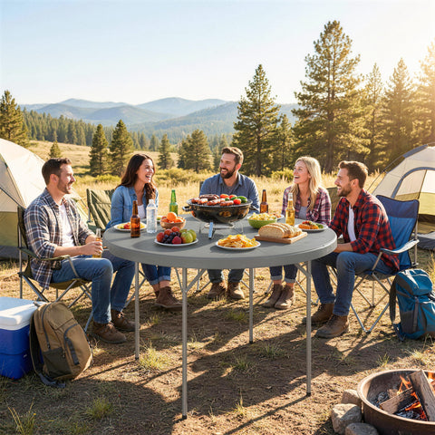 Image of 4ft Plastic Folding Picnic Table, Camping Table with Anti-Slip Foot Pads, Indoor Outdoor for Beach, BBQ, Grey