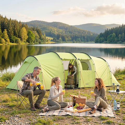 Image of 6 Person Camping Tent with Porch, Large Family Tent with 2 Bedroom and Living Room, Light Green