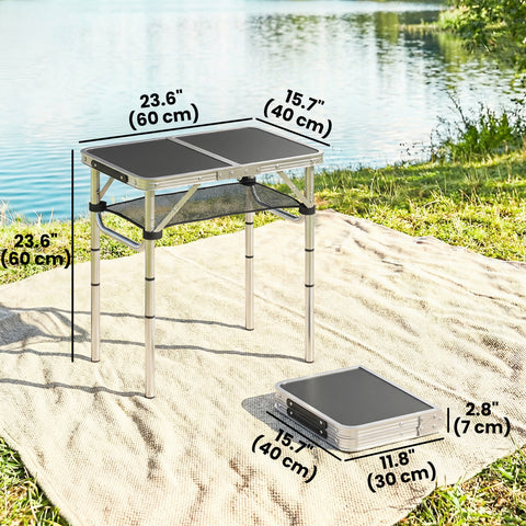 Image of 2ft Folding Camping Table, Picnic Table with Mesh Storage Layer, 4 Adjustable Heights and Carrying Handle, Black