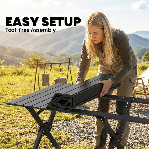 Image of 4ft Folding Camping Table, Waterproof Picnic Table with Roll Up Top and Metal Frame, Black