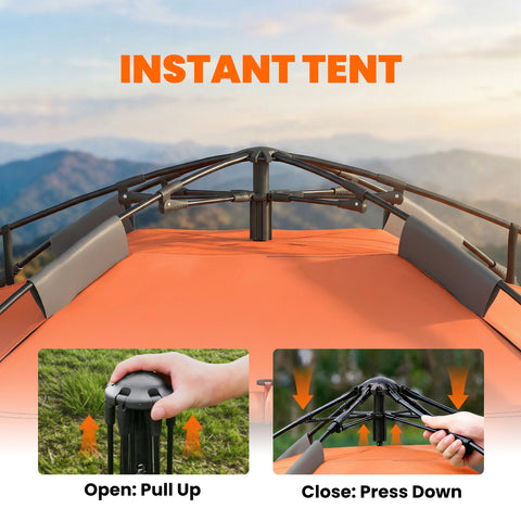 Image of Pop up Camping Tent, 3-4 Man Family Tent, 3000mm Waterproof, with Carry Bag and Top Hook, Dark Grey and Orange