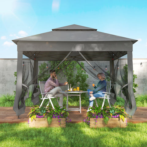 Image of 11' x 11' Pop Up Canopy 2-Tier Soft Top Shelter Event Tent w/ Netting Carry Bag for Patio Backyard Garden, Dark Grey