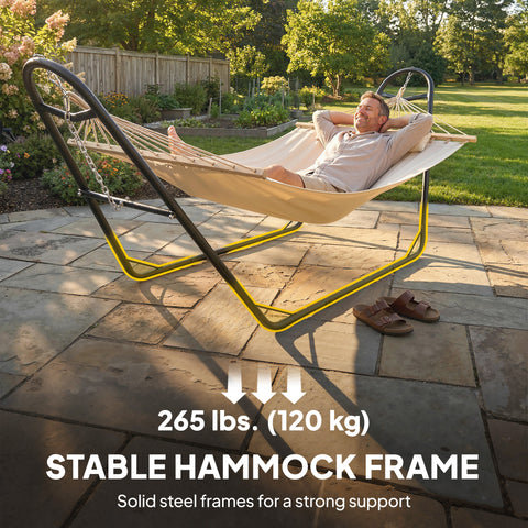 Image of Hammock with Stand, Heavy Duty Camping Hammock with Detachable Pillow and Spreader Bar, 264 lbs Capacity, Cream White