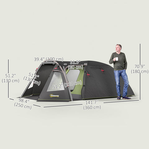 Image of 2-4 Man Camping Tent, 3000mm Waterproof Tunnel Tent with 2 Rooms, Sewn-in Groundsheet, 3 Doors and Hook