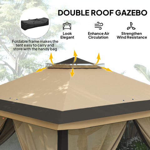 Image of 11' x 11' Pop Up Gazebo, Double Roof Foldable Height Adjustable Canopy Tent with Mesh Sidewalls, Carrying Bag, Beige