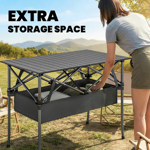 Image of 3ft Folding Camping Table, Picnic Table with Mesh Storage Net, Carrying Bag and Metal Frame, Black