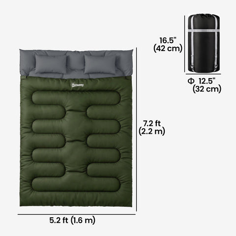 Image of Double Sleeping Bag for Adults, Queen Size 2 Person Sleeping Bag with 2 Pillows, for Cold Weather & Warm, Green