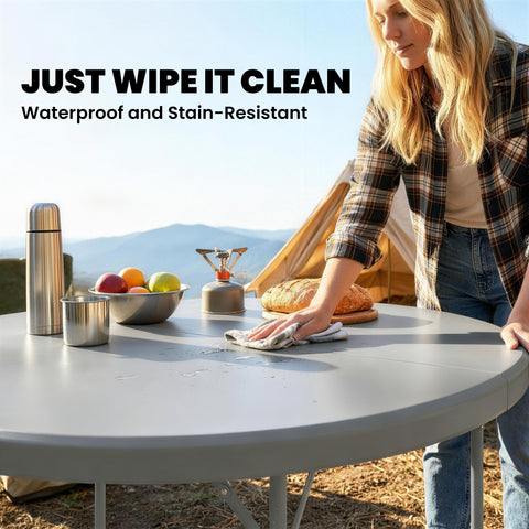 Image of 4ft Plastic Folding Picnic Table, Camping Table with Anti-Slip Foot Pads, Indoor Outdoor for Beach, BBQ, Grey