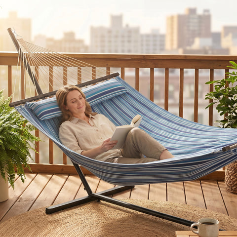 Image of Hammock with Stand Heavy Duty Camping Hammock with Steel Frame for Patio Backyard Blue and White