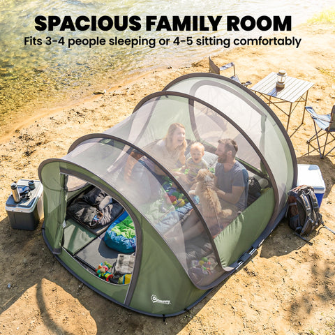 Image of Family Tent  Pop-Up Camping Tent with 2 Doors 2 Windows for 4-5 Person Waterproof Green
