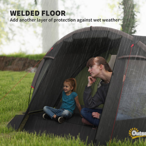 Image of 2-4 Man Camping Tent, 3000mm Waterproof Tunnel Tent with 2 Rooms, Sewn-in Groundsheet, 3 Doors and Hook