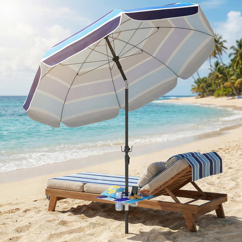 Image of Beach Umbrella Adjustable Tilt Sunshade with Foldable Table Cup Holder 78" Multicolor