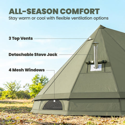 Image of Teepee Tent Waterproof Camping Tent with Stove Jack for 4-6 Person Outdoor Camping Hiking Army Green