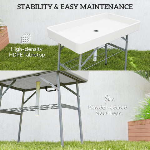 Image of 3.4ft Folding Ice Cooler Table with Drain, Outdoor Patio Party Cooler for Drinks, Fishing Cleaning Table with Storage Shelf for Picnic BBQ Camping Wedding, White