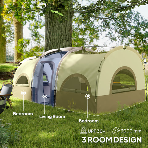 Image of 4 Person Camping Tent, 3 Room Cabin Tent, 3000mm Waterproof and UPF30+ with Sewn in Groundsheet and Carry Bag, Khaki