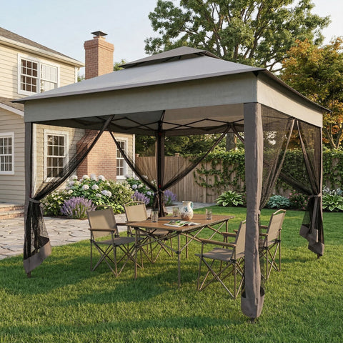 Image of 11' x 11' Pop Up Canopy 2-Tier Soft Top Shelter Event Tent w/ Netting Carry Bag for Patio Backyard Garden, Mixed Grey