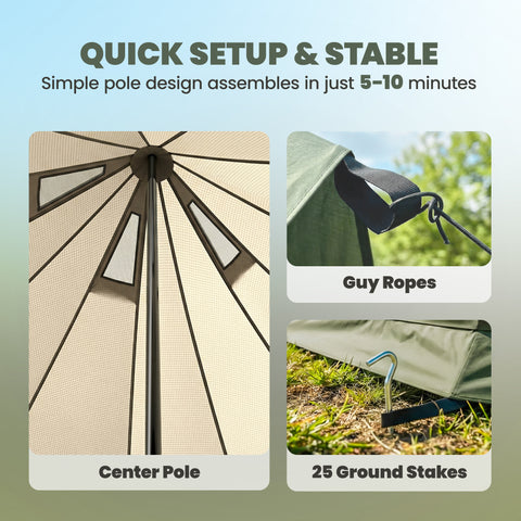 Image of Teepee Tent Waterproof Camping Tent with Stove Jack for 4-6 Person Outdoor Camping Hiking Army Green