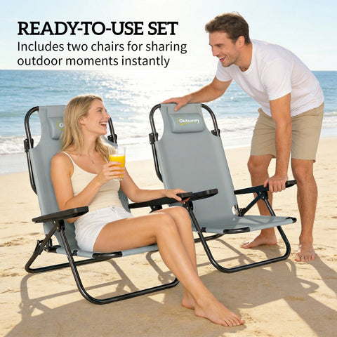 Image of Set of 2 Beach Chair 5-Position Adjustable Folding Camping Chair with Headrest Armrests Light Grey