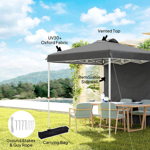 Image of 8 x 8 ft Pop Up Canopy with 1 Sidewall, Carry Bag and 4 Sand Bags, Height Adjustable Instant Sun Shelter, Dark Grey