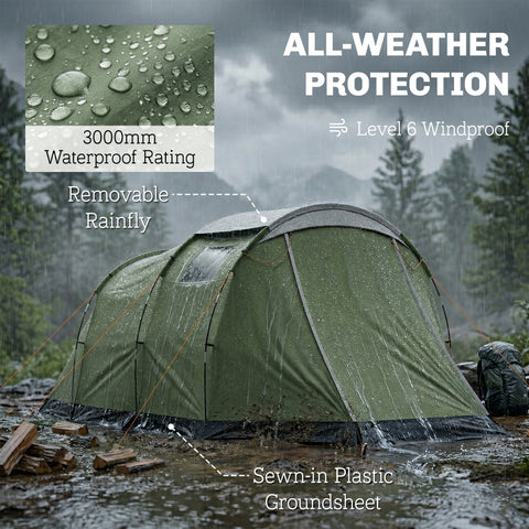 Image of Camping Tent Waterproof Camping Tent with Two Room for 3-4 Person Waterproof, Green
