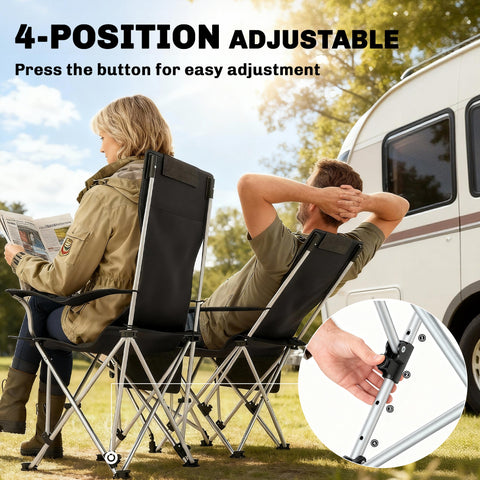 Image of Set of 2 Reclining Camping Chair with Foot Rest, Folding Camping Chair w/ Headrest, Cup Holder, Storage Bag, Black