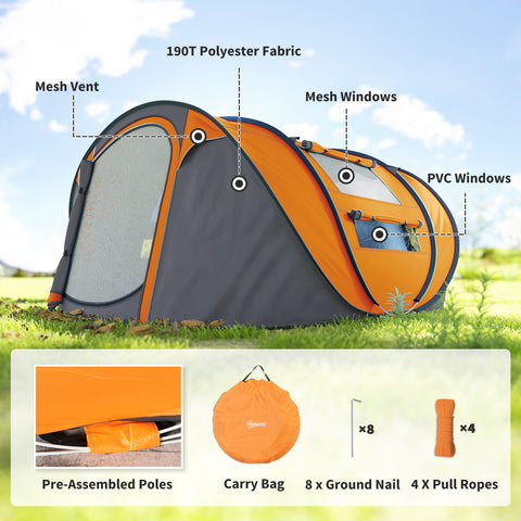 Image of 4 Person Camping Tent, Easy Pop Up Tent with Doors, Windows and Carry Bag, Automatic Setup Tent for Hiking, Orange