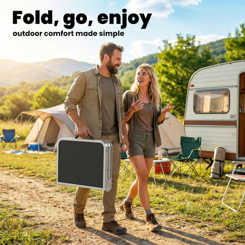 Image of 2ft Folding Camping Table, Picnic Table with Mesh Storage Layer, 4 Adjustable Heights and Carrying Handle, Black