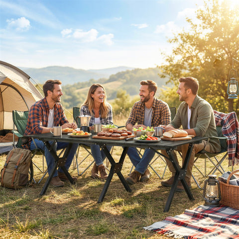 Image of 4ft Folding Camping Table, Waterproof Picnic Table with Roll Up Top and Metal Frame, Black