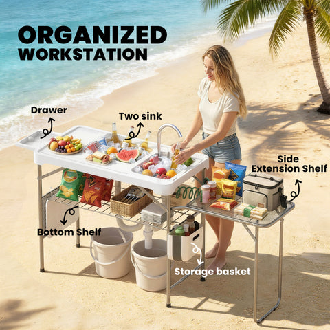 Image of Fish Cleaning Table Folding Sink Portable Camping Sink with Side Shelf & Bottom Rack for Outdoor White