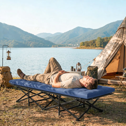 Image of Camping Cot with Soft Pad, 32" Extra Wide Folding Cots with Non-Slip Feet and Carry Bag, Blue